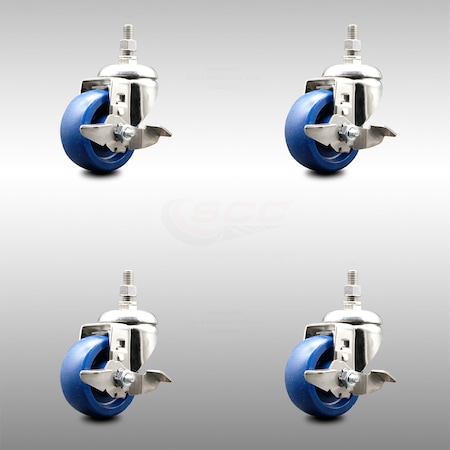 Service Caster 3 Inch 316SS Solid Polyurethane Swivel 3/8 Inch Threaded Stem Caster Set Brake SCC-SS316TS20S314-SPUS-TLB-381615-4